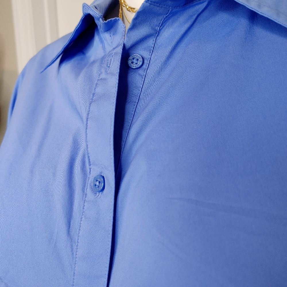 LAUREN RALPH LAUREN SHIRRED BUTTON DOWN TOP, BLUE 12 - Picture 5 of 13